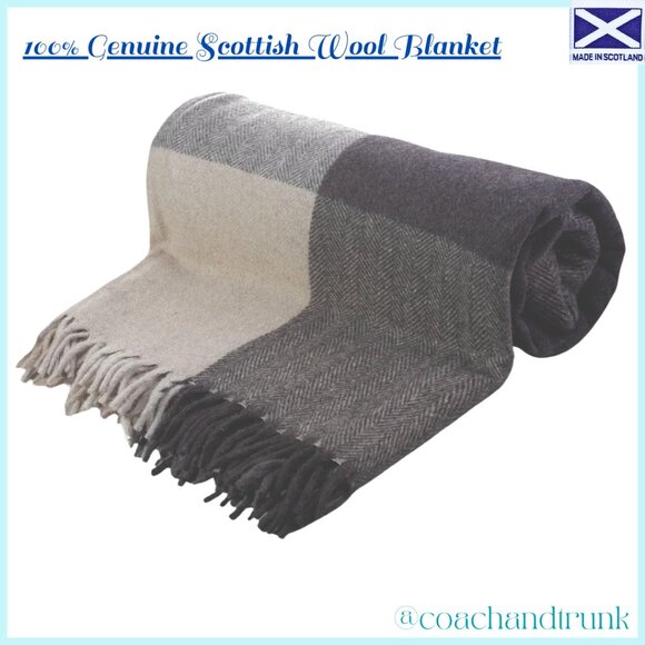 100% GENUINE Scottish Wool Blanket Import NEW WITH TAGS Block Check Herringbone - Picture 3 of 11
